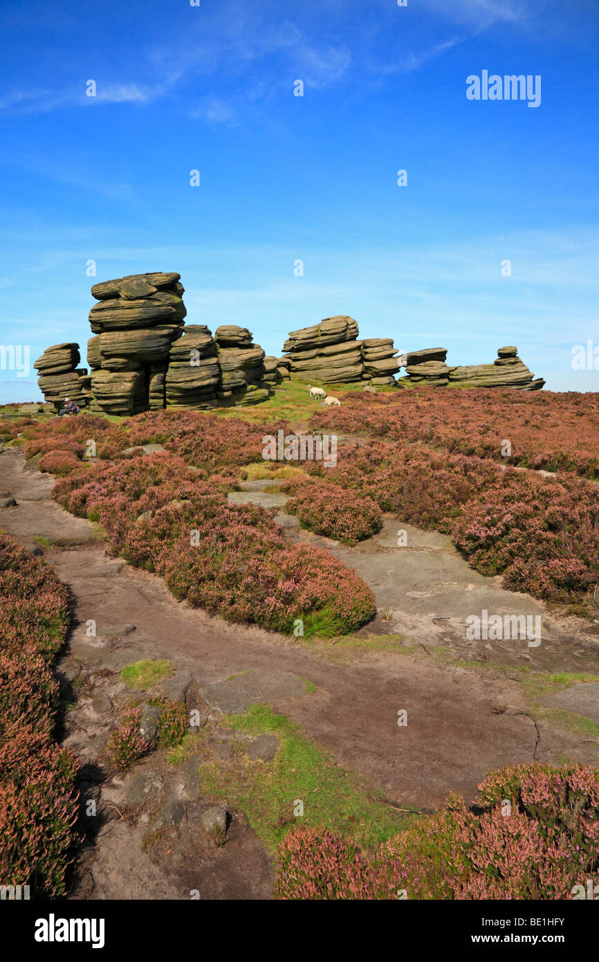 Walker liegt am Rad Steine auf Derwent Rand im oberen Derwent Valley, Derbyshire, Peak District National Park, England, UK. Stockfoto
