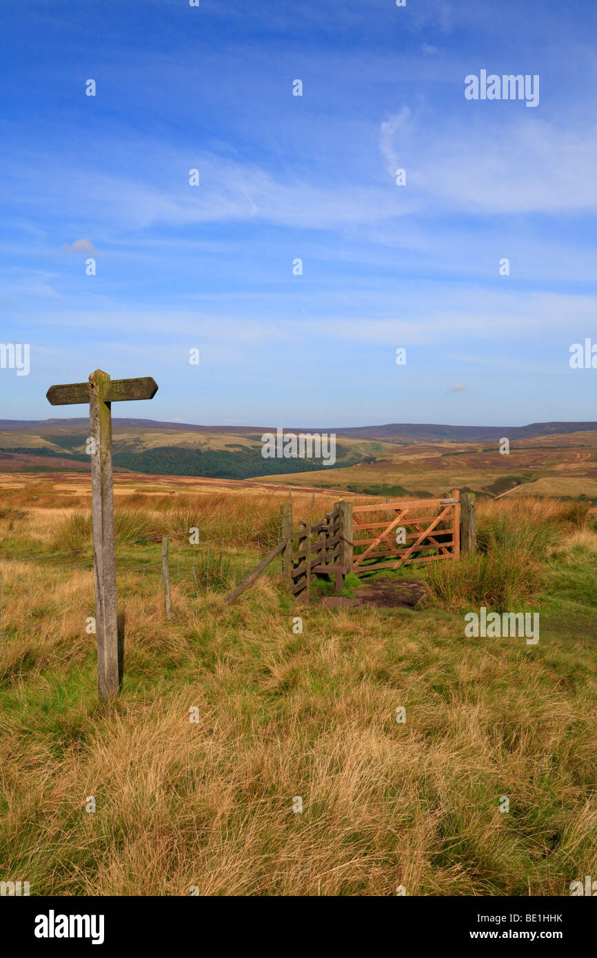 Holz- Wegweiser in der oberen Derwent Valley, Derbyshire, Peak District National Park, England, UK. Stockfoto