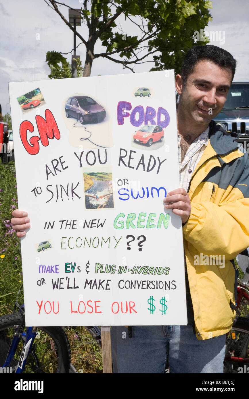 Protestierende General Motors und Ford, amerikanischer Automobilhersteller im Klima ändern Protest. Stockfoto