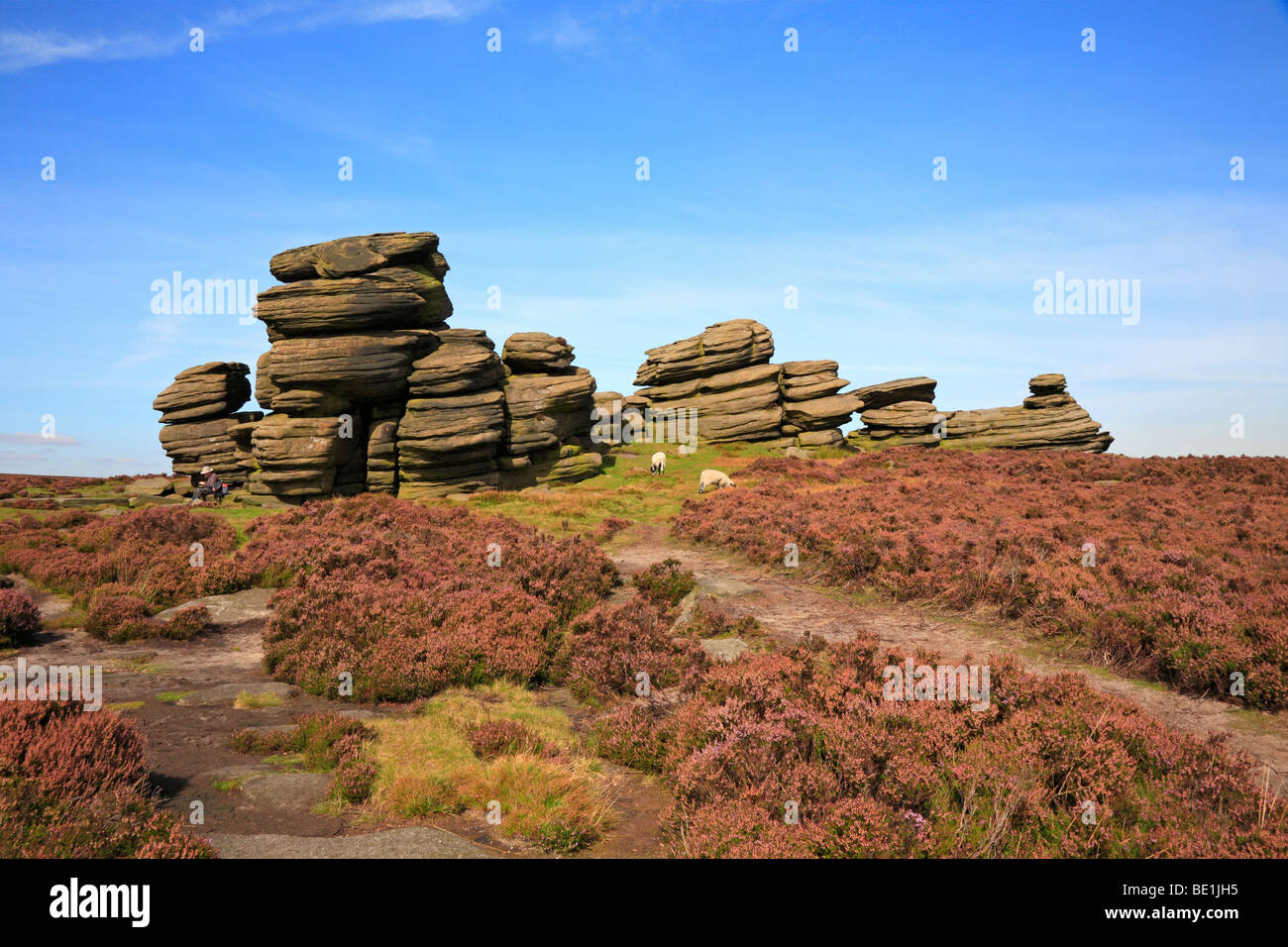 Walker liegt am Rad Steine auf Derwent Rand im oberen Derwent Valley, Derbyshire, Peak District National Park, England, UK. Stockfoto