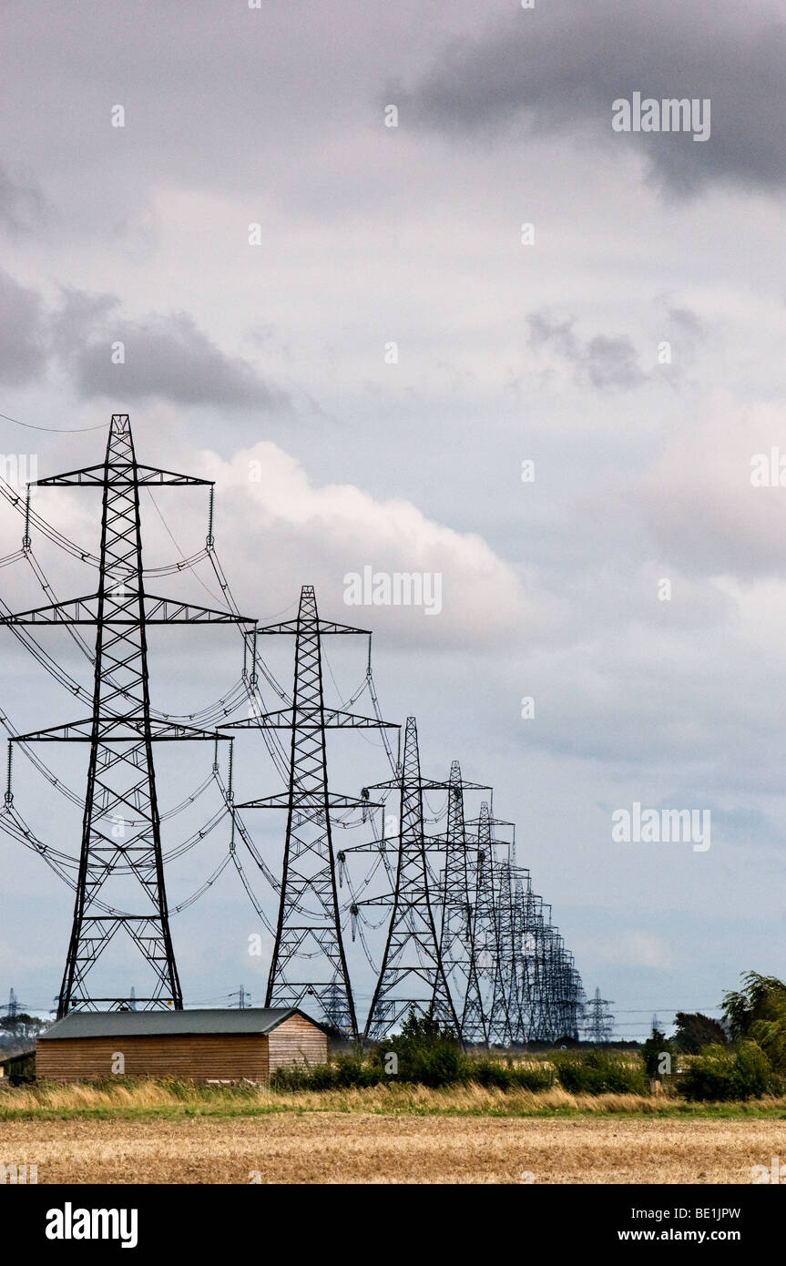 Strommasten auf Ackerland in East Sussex.  Foto von Gordon Scammell Stockfoto
