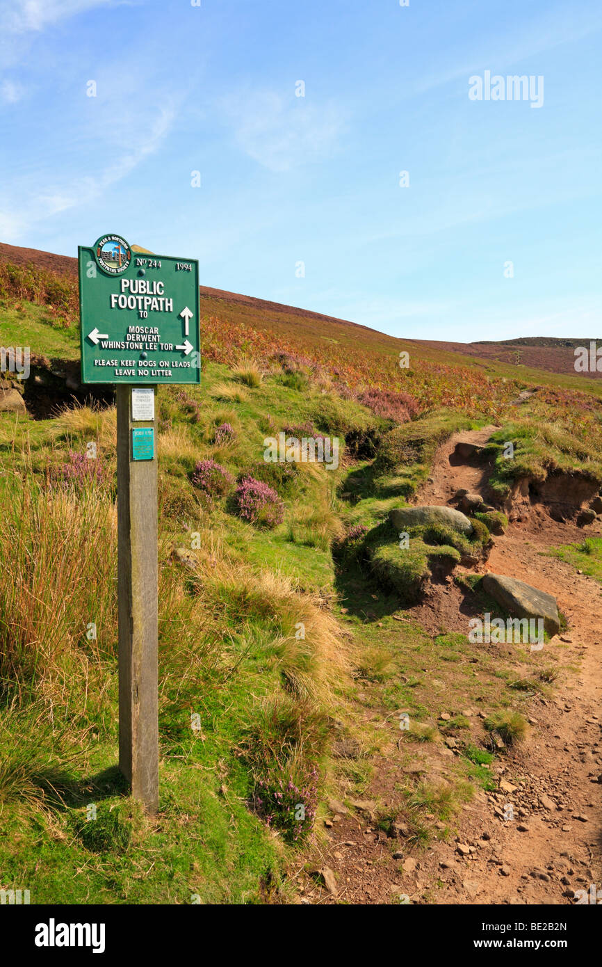 Metall Fußweg unterzeichnen oben Derwent Valley, Derbyshire, Peak District National Park, England, UK. Stockfoto