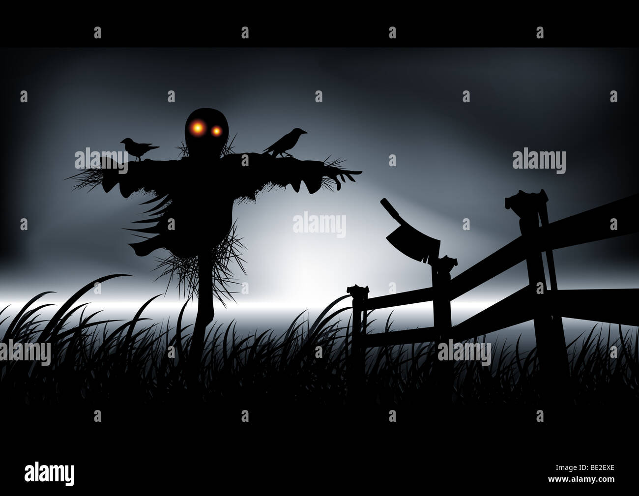 Einsam, dunkle und Böse ist diese Vogelscheuche. Machen Sie sich bereit für Halloween mit Stil. Vektor-Illustration. Stockfoto