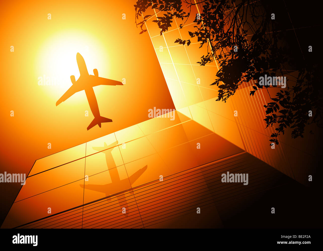 Blick hinauf zu Bürogebäuden und einem Flugzeug. Vektor-illustration Stockfoto