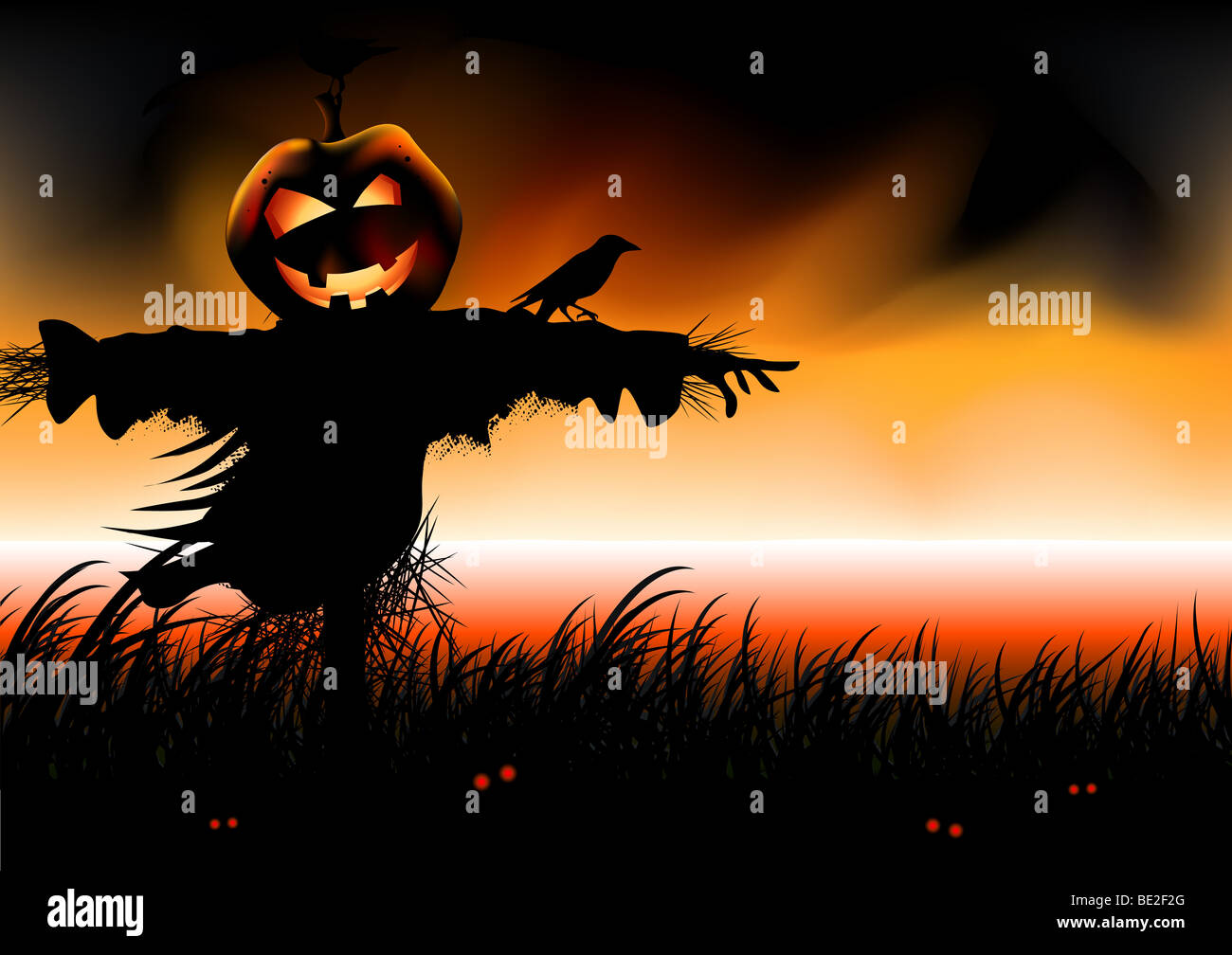Halloween fällt... Kürbis Kopf Vogelscheuche erwartet. Vektor-Illustration. Stockfoto