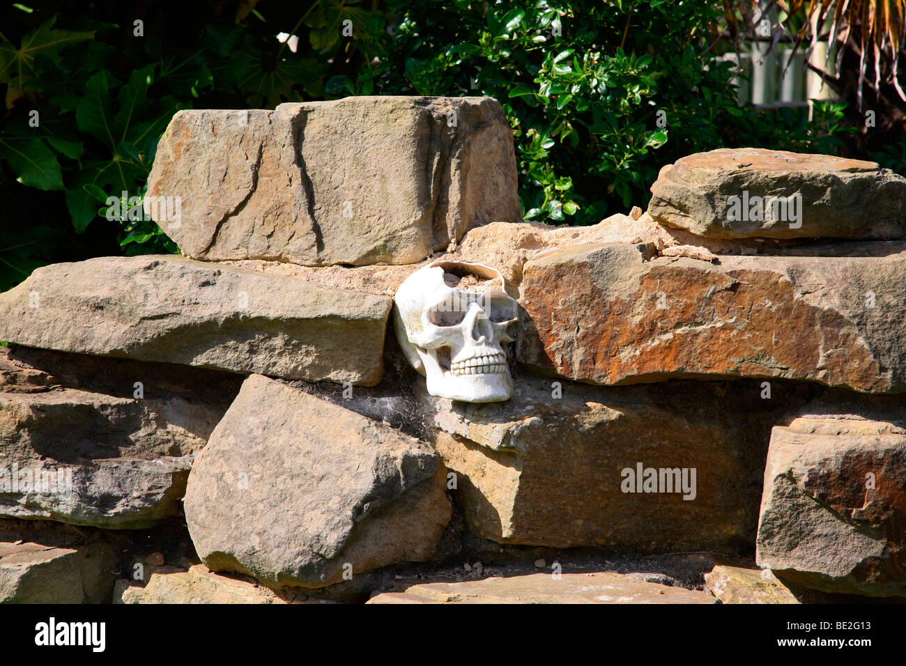 Zerschmetterten menschlichen Schädel auf Felsen. Stockfoto