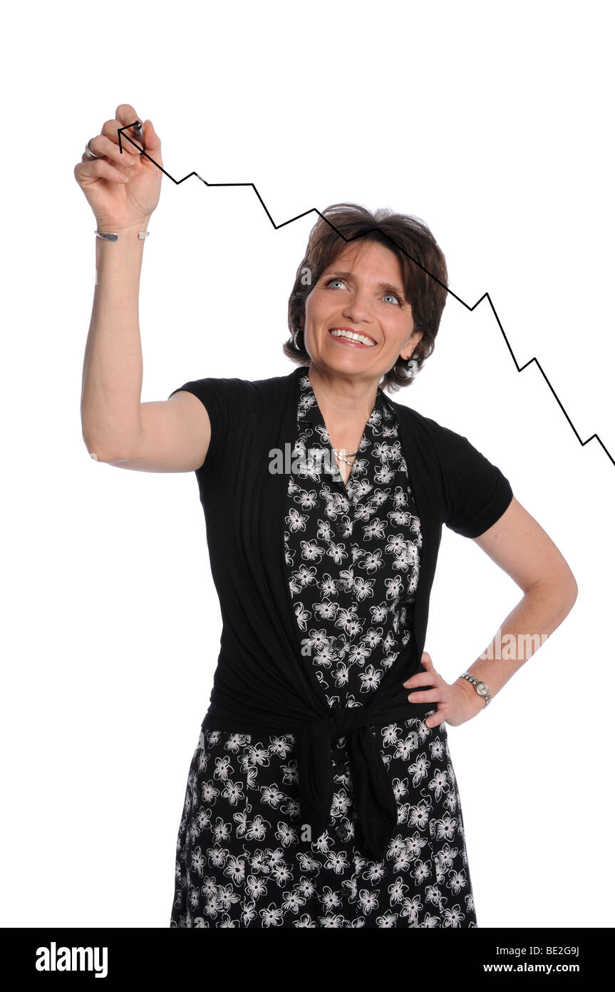 Geschäftsfrau, die Zeichnung Wachstumsdiagramm auf transparentem Glas Stockfoto