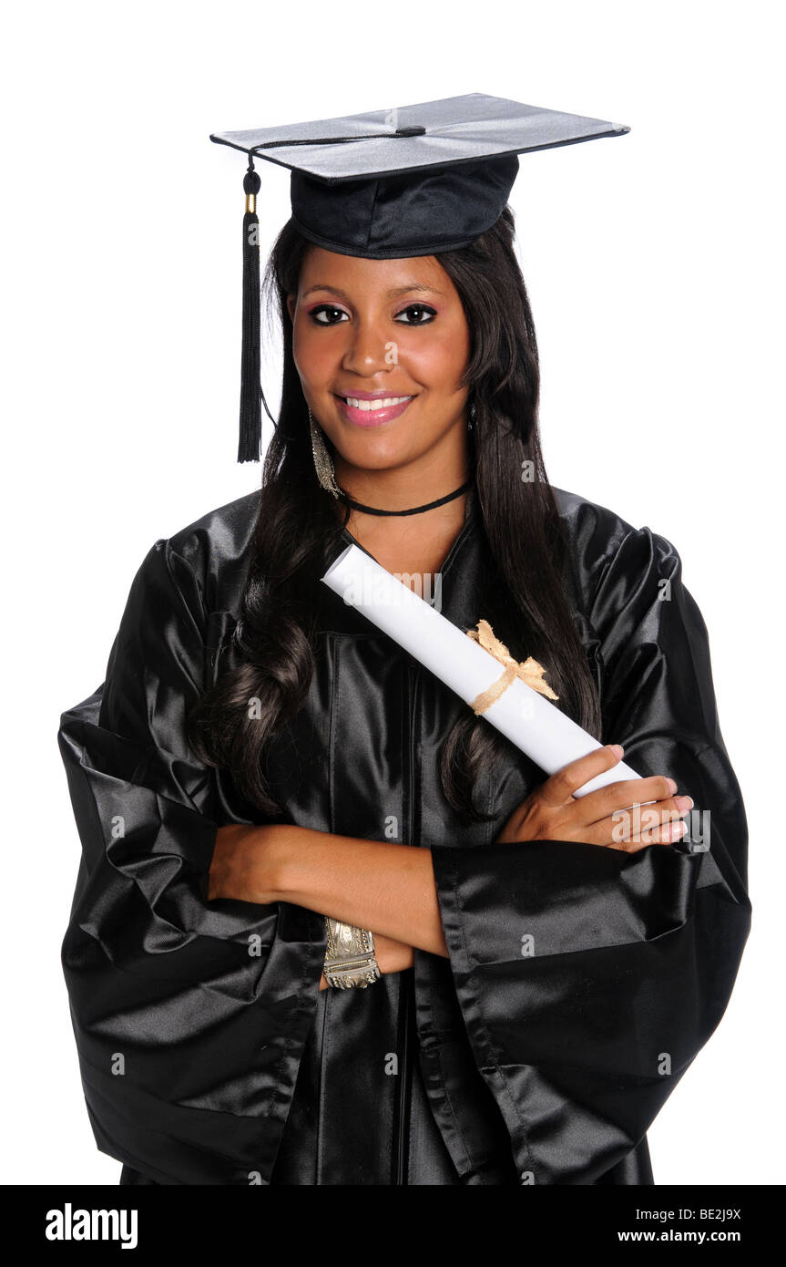 Young African American Graduate gekleidet in Robe und Doktorhut Stockfoto