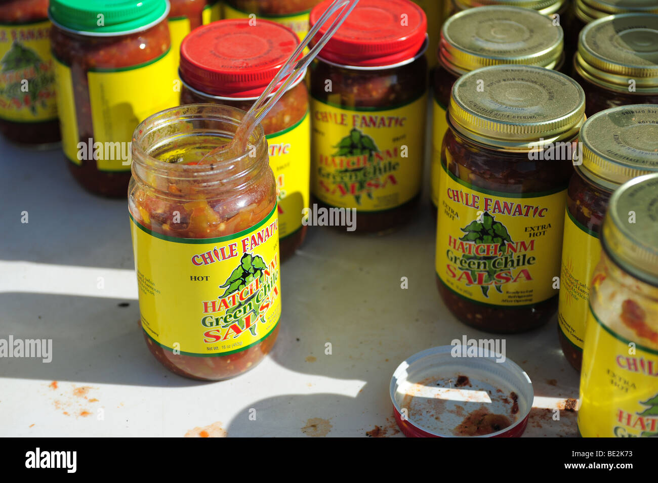 USA Hatch New Mexico - Chile Festival-Salsa zum Verkauf Stockfoto