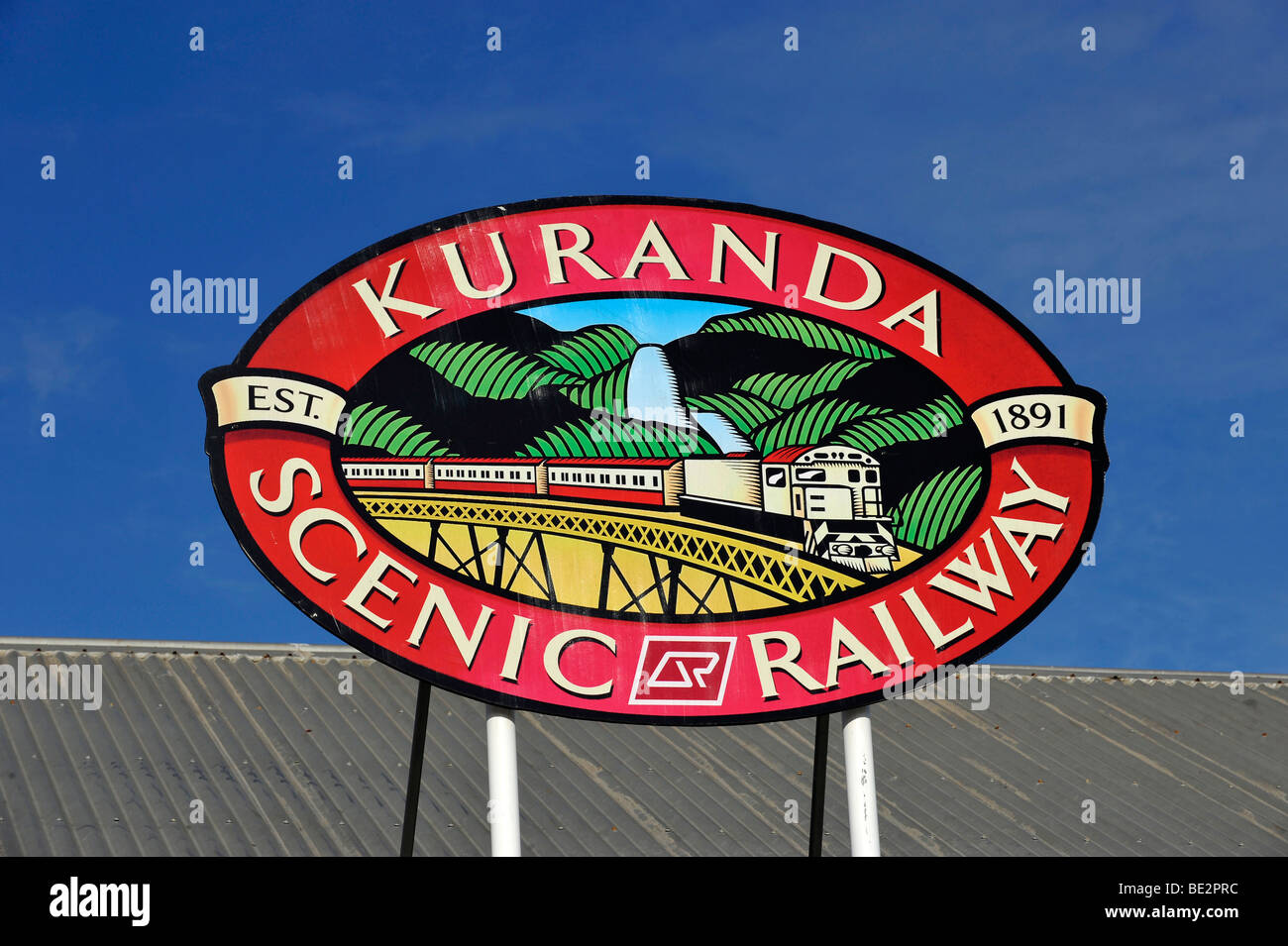 Zeichen, Logo, Kuranda Scenic Railway, Süßwasser-Station, Cairns, Queensland, Australien Stockfoto