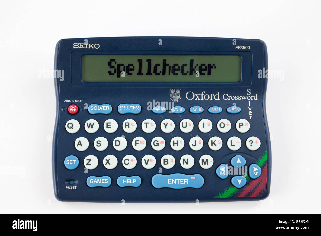Atelier-Stilleben. Oxford elektronische Kreuzworträtsel Löser Rechtschreibprüfung isoliert auf weißem Hintergrund Stockfoto