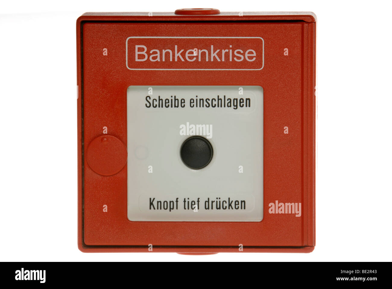 Brandmelder mit Schriftzug, Bankenkrise Stockfoto
