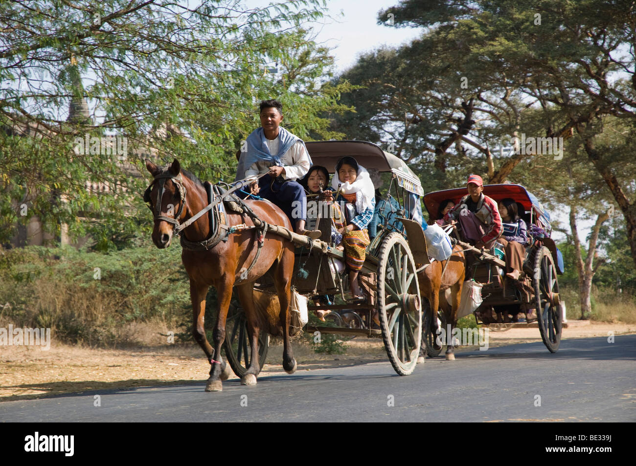 Pferd und Wagen, Old Bagan, Pagan, Burma, Myanmar, Asien Stockfoto