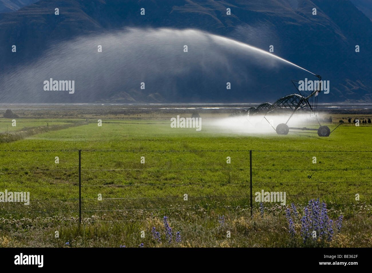Mobiles Bewässerungssystem Irrigiating ein grünes Feld, Hakatere, Südinsel, Neuseeland Stockfoto