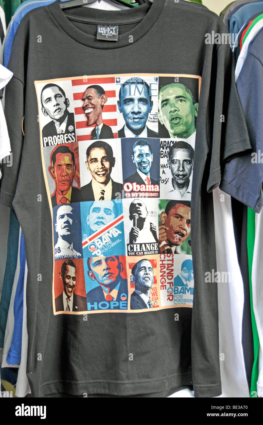 Bilder von US-Präsident Barack Obama auf einem T-shirt, Straßenhändlern in Bangkok, Thailand, Asien Stockfoto