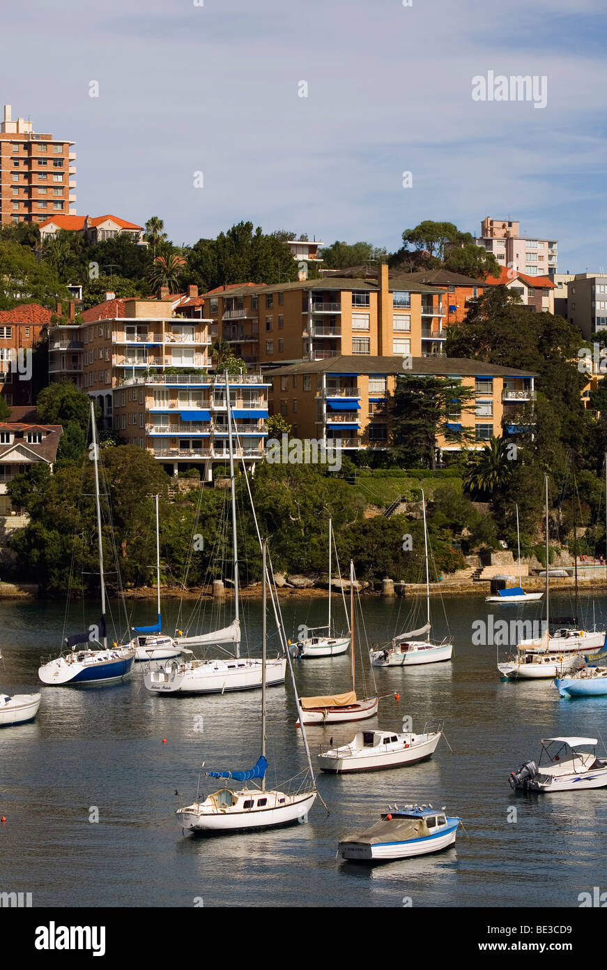 Bootsliegeplätze im Hafen Vorort Mosman. Sydney, New South Wales, Australien Stockfoto