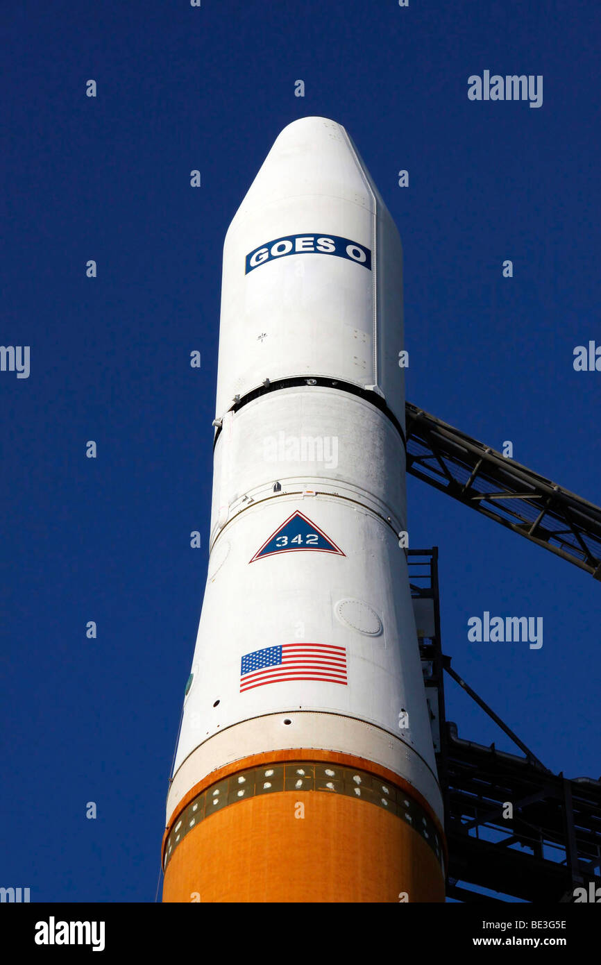 Die GOES-O-Logo auf der Verkleidung auf die Delta IV-Rakete angewendet. Stockfoto