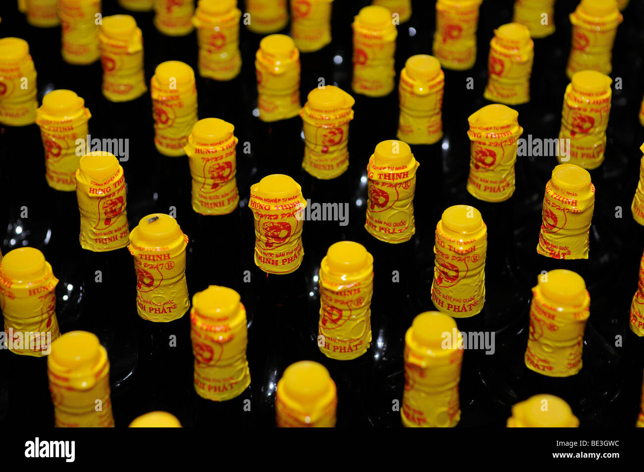 Glasflaschen mit gelben Kunststoff-Kappe mit dem traditionellen vietnamesischen Fisch sauce Nuoc Mam, Phu Quoc, Vietnam, Asien Stockfoto