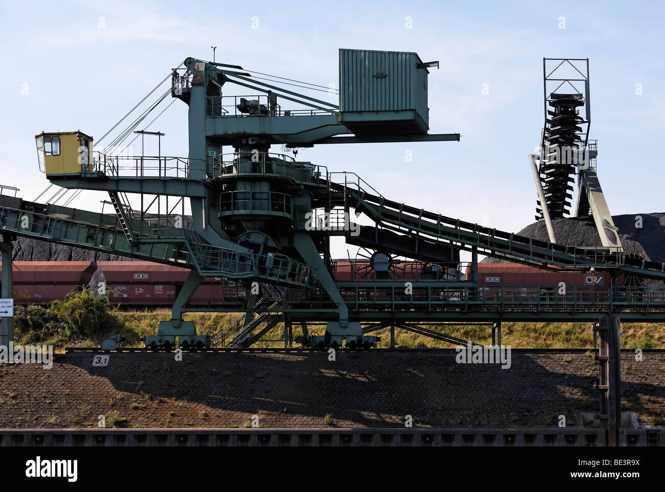 Kohle-handling-System auf der Kohle-Insel, Duisburg-Rohrorter Häfen, DuisPort Binnenhafen Duisburg, Ruhr, Nordrhein-Westfalen Stockfoto