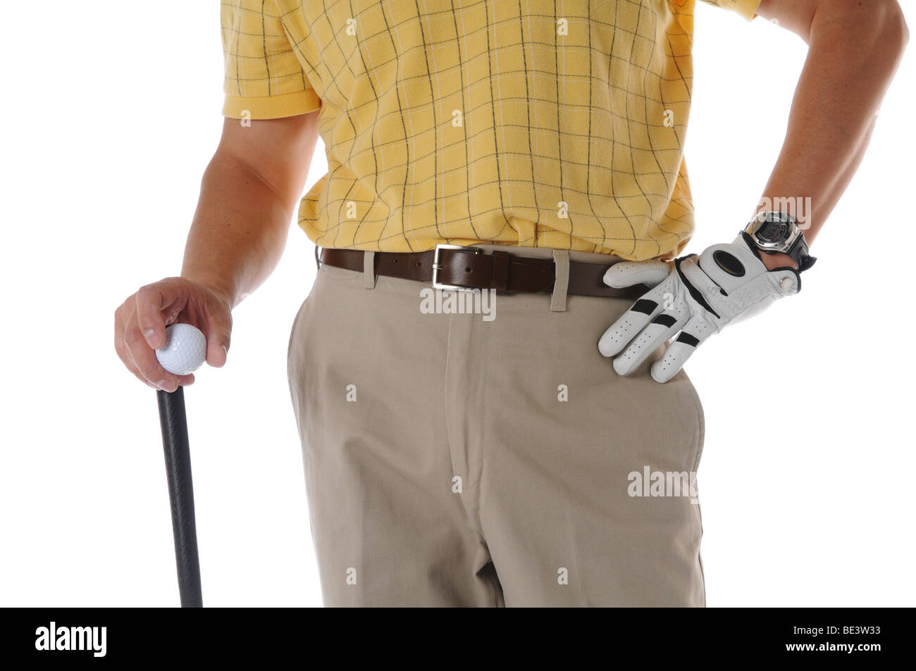 Golfer nahe Studio gedreht isoliert auf weißem Hintergrund Stockfoto
