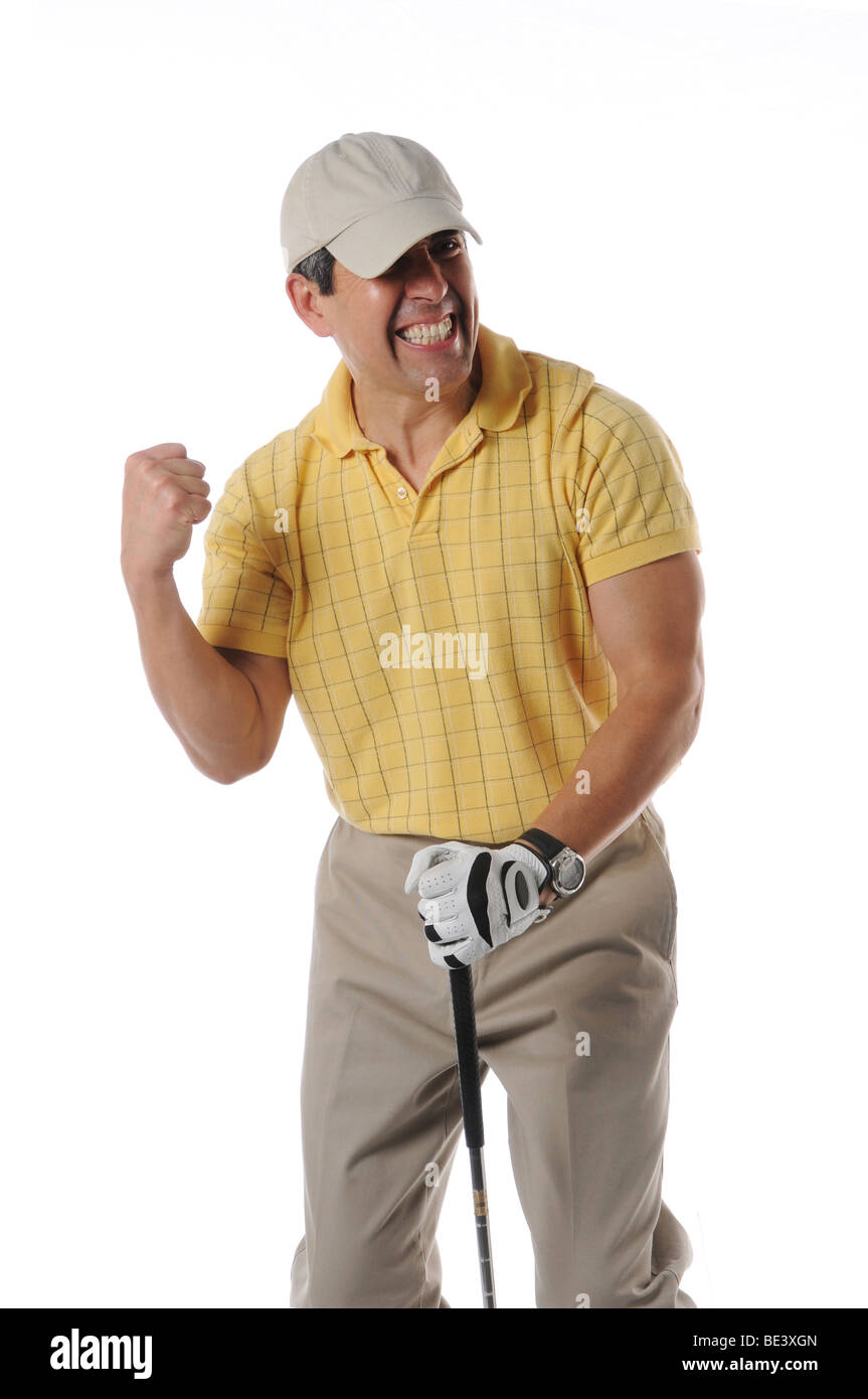 Golfer feiert nach einem Schuss auf einen weißen Hintergrund isoliert Stockfoto