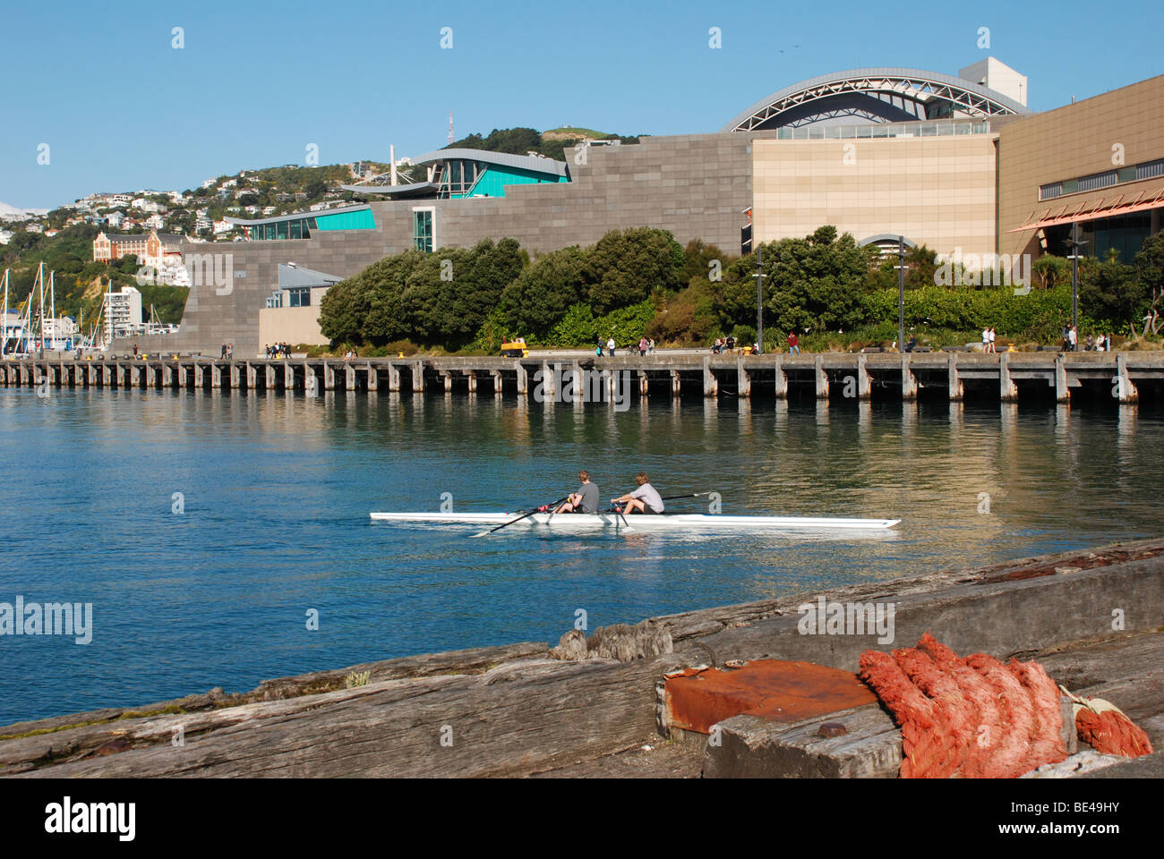 Zwei Ruderer genießen den Sonnenschein vor Te Papa, das Nationalmuseum in Wellington New Zealand Stockfoto