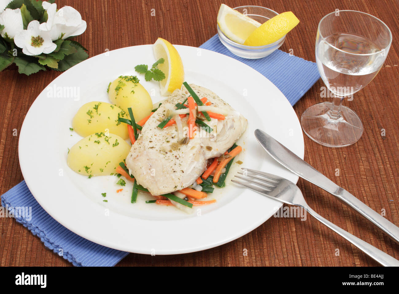 Gedünsteter Seelachs-Filet auf einem Bett aus bunten Gemüse mit Salzkartoffeln Stockfoto