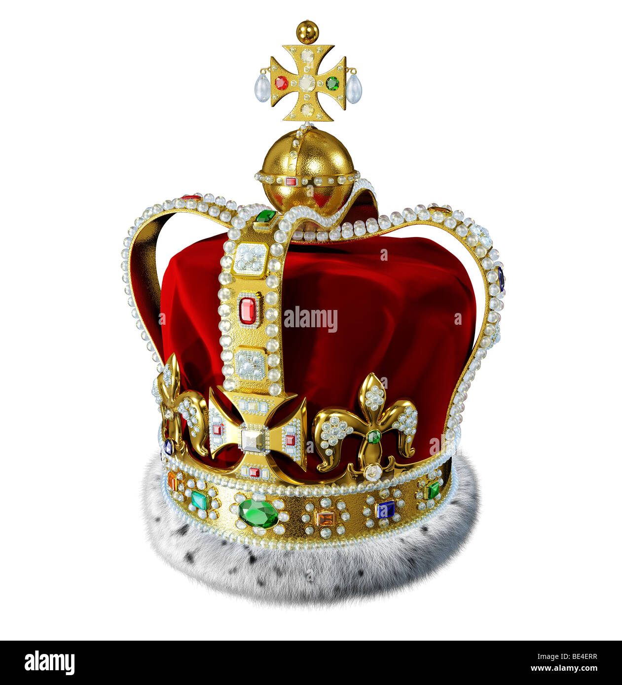 König Krone mit samt, Hermelin, Schmuck und kostbare Edelsteine Dekorationen Stockfoto