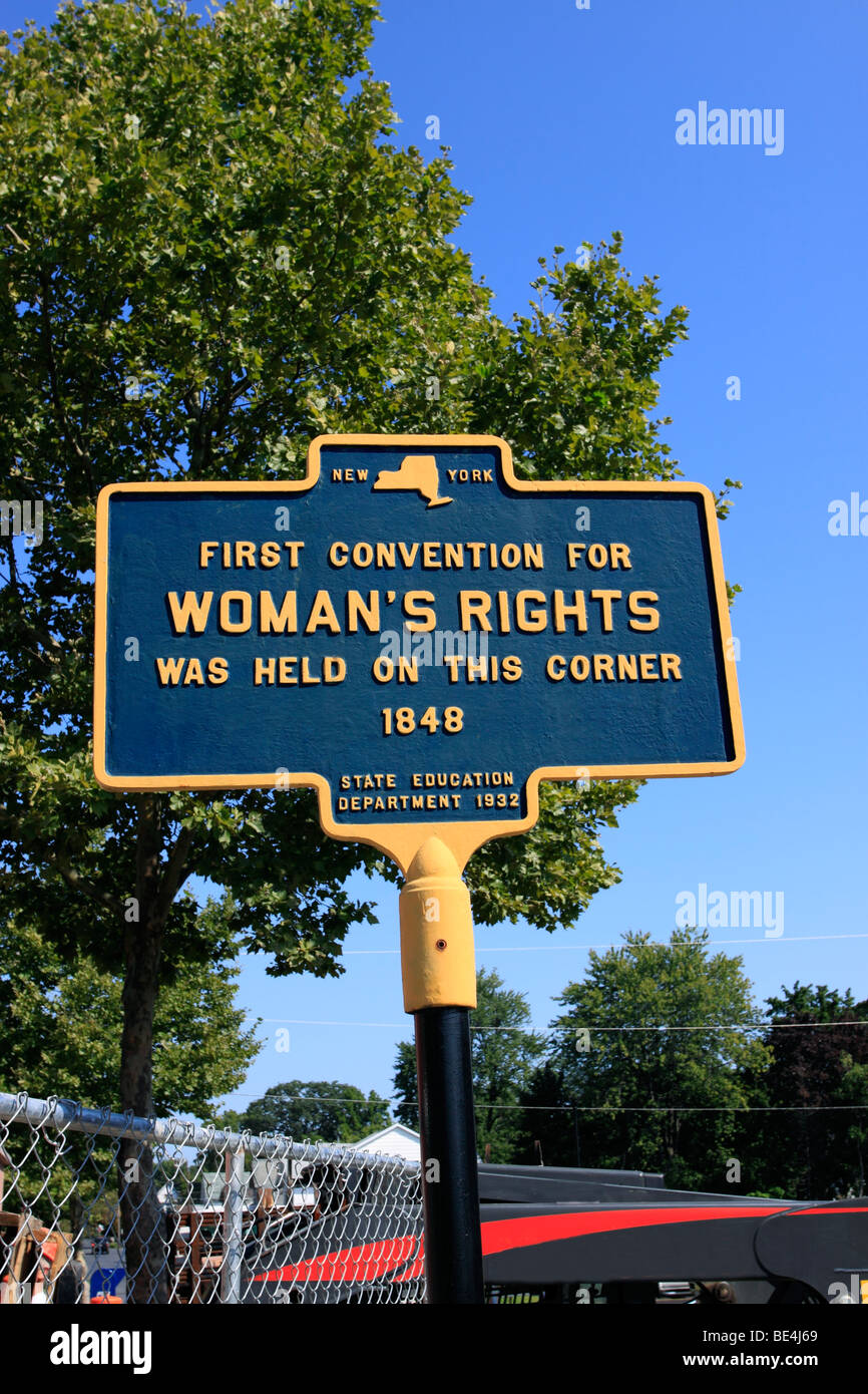 Historische Markierung am Standort der erste Frau Rechte Konvention im Jahre 1848 Seneca Falls, New York Stockfoto