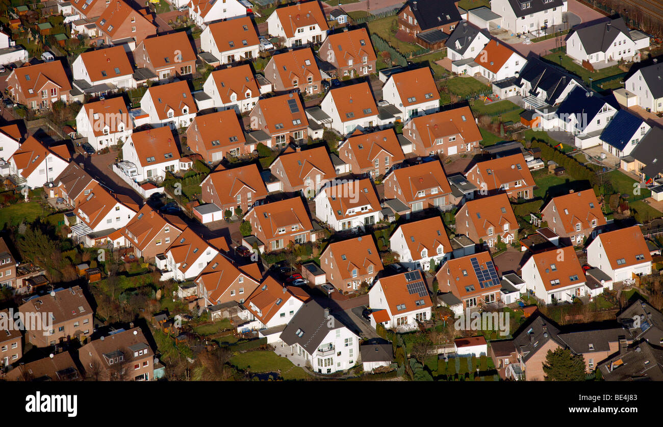 Luftaufnahme, neu entwickelte Arera, Einfamilienhäuser, Castrop-Rauxel, Ruhrgebiet, Nordrhein-Westfalen, Deutschland, Europa Stockfoto