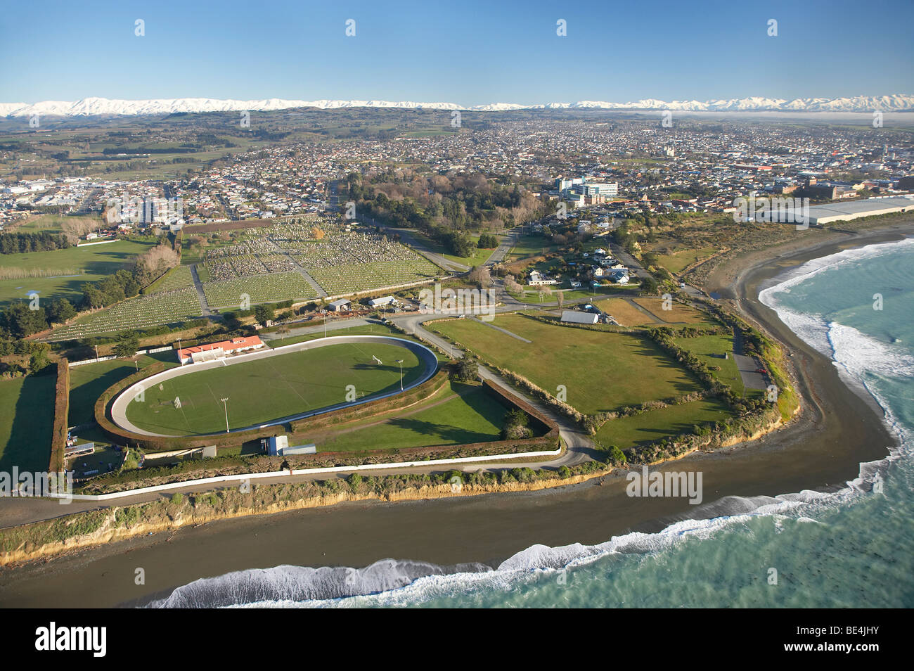 Caledonian Sportplatz, Patiti Punkt, Timaru, South Canterbury, Südinsel, Neuseeland - Antenne Stockfoto