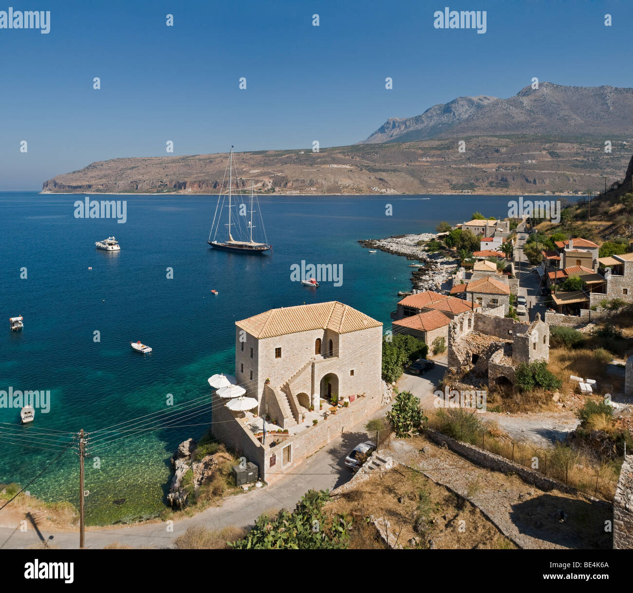 Itylo Bay und die Fischerei Limeni, auf der Halbinsel Mani Messenien, südlichen Peloponnes, Griechenland Stockfoto