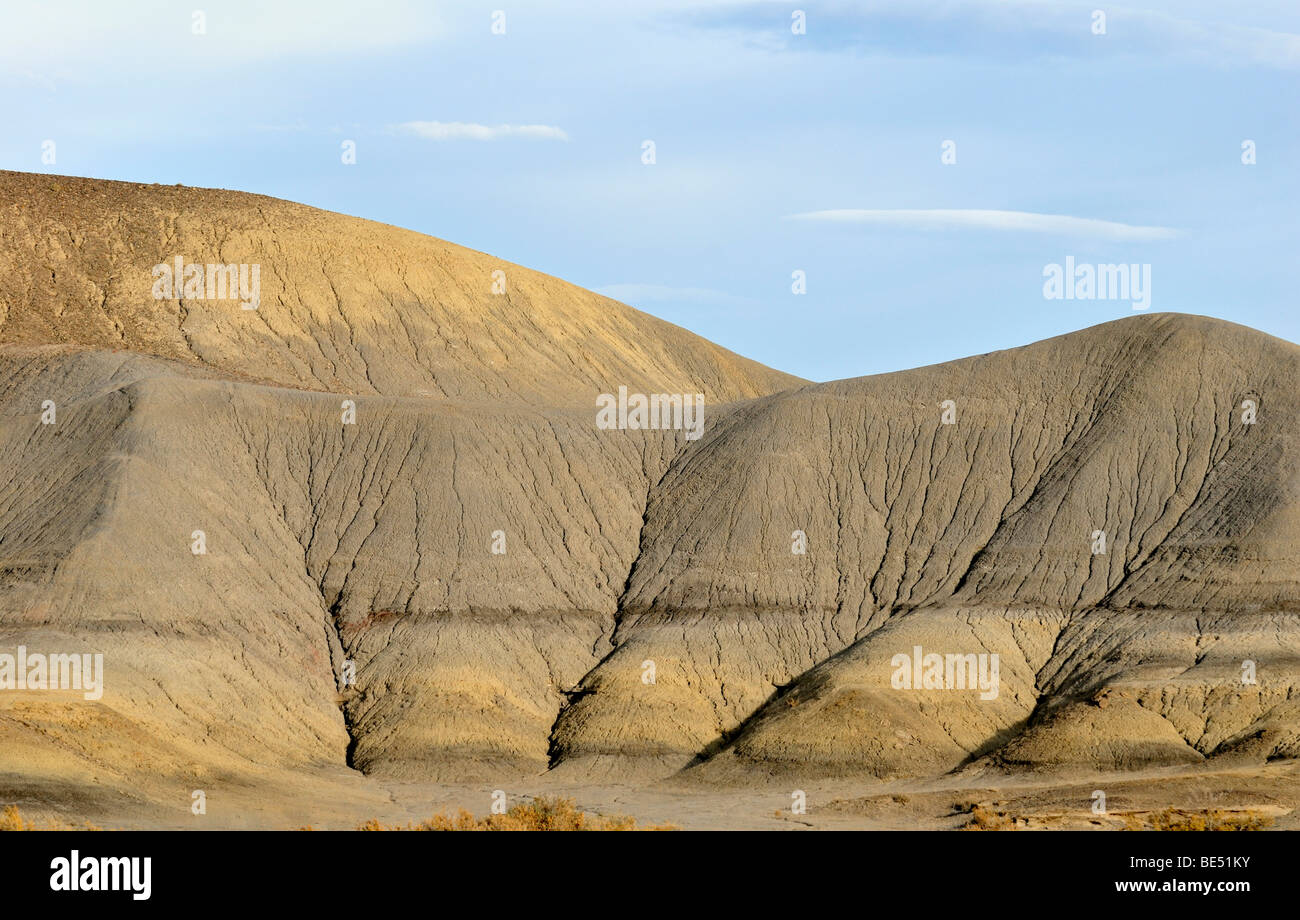 Erodieren gelblich-graue Sandsteinformation, strukturiert durch Spuren von fließendem Wasser, Highway 24 vor Caineville, Utah, USA Stockfoto