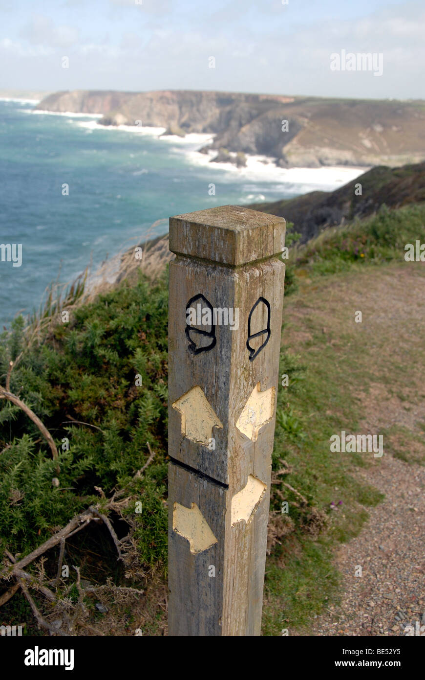 Eichel Fußweg Wegweiser South West Coast Weg nationale-Trail in der Nähe von St. Agnes, North Cornwall UK Stockfoto