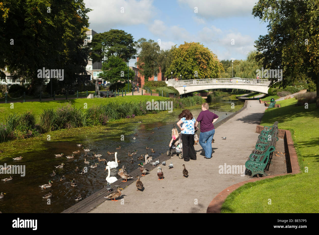 Großbritannien, England, Staffordshire, Stafford, Victoria Park, junge Familie, die Fütterung der Enten und Schwäne am Fluss säen Stockfoto