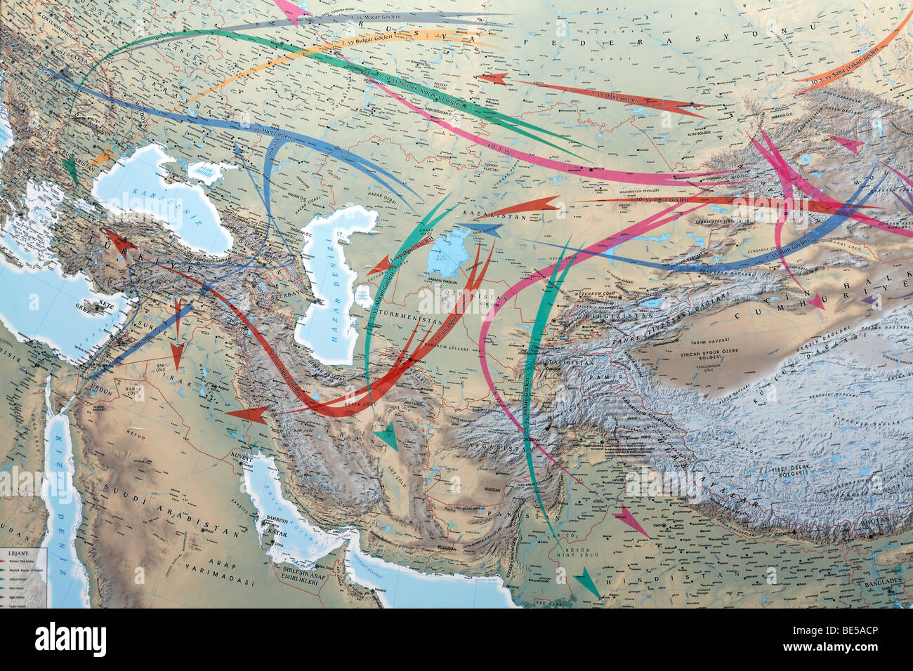 Türkische Karte der Migrationen im Nahen Osten, Militärmuseum, Askeri Mues, Osmanbey, Istanbul, Türkei Stockfoto