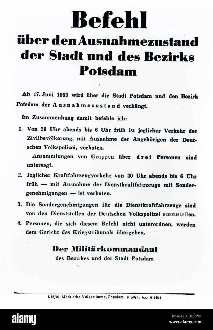 Plakat in Potsdam am 17. Juni 1953 anlässlich der Volksaufstand in der DDR, Deutsche Demokratische Republik, historische Stockfoto