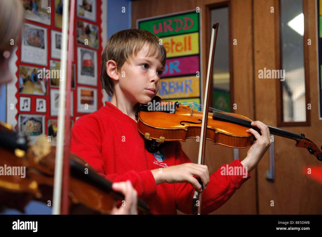 Junge Junge Grundschüler lernen in der Schule, Wales UK Geige Stockfoto