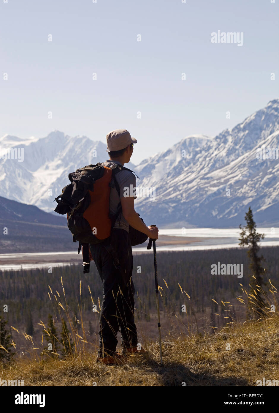 Wanderer genießen die Aussicht auf den Slims River Valley und Kaskawulsh Gletscher, Saint Elias Mountains, Kluane National Park und Orchesterprobe Stockfoto