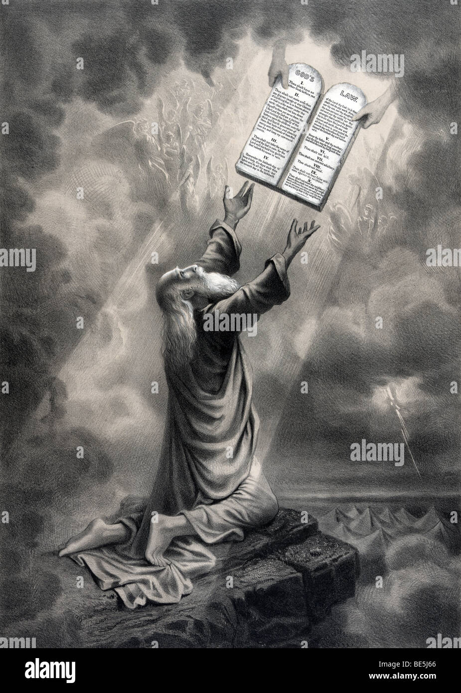 Porträt drucken ca. 1877 von F W McCleave & Co unter dem Titel "Moses das Gesetz empfangen". Stockfoto