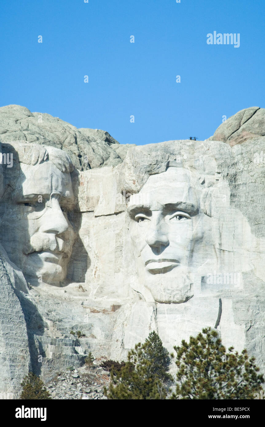 Detailansicht von Theodore Roosevelt und Abraham Lincoln am Mount Rushmore in South Dakota Stockfoto