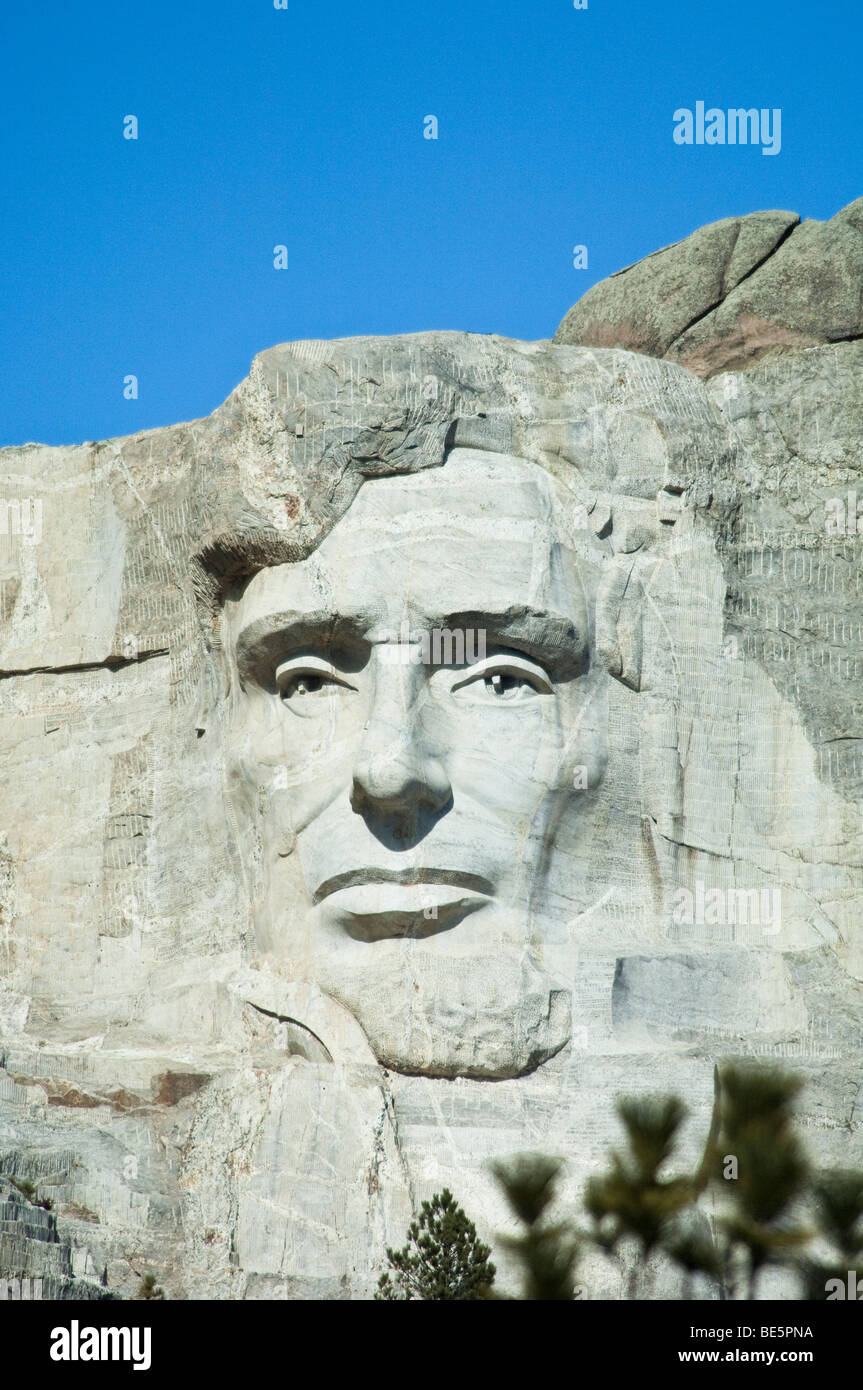 Detailansicht von Abraham Lincoln am Mount Rushmore in South Dakota Stockfoto