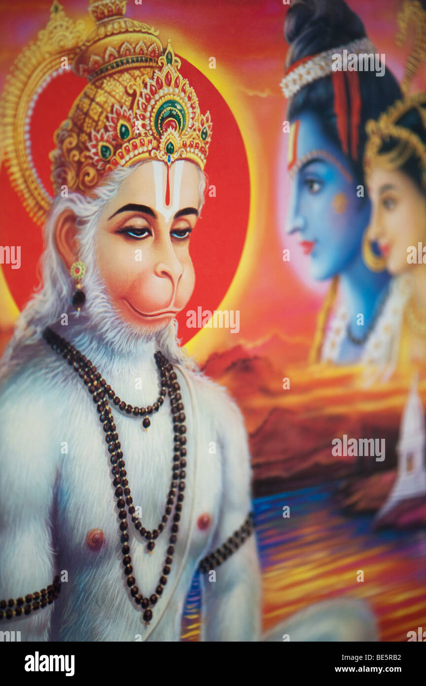 Hanuman, der Affengott auf ein Hindu Poster dargestellt. Indien Stockfoto Hanuman, der Affengott auf ein Hindu Poster dargestellt. Indien Stockfoto