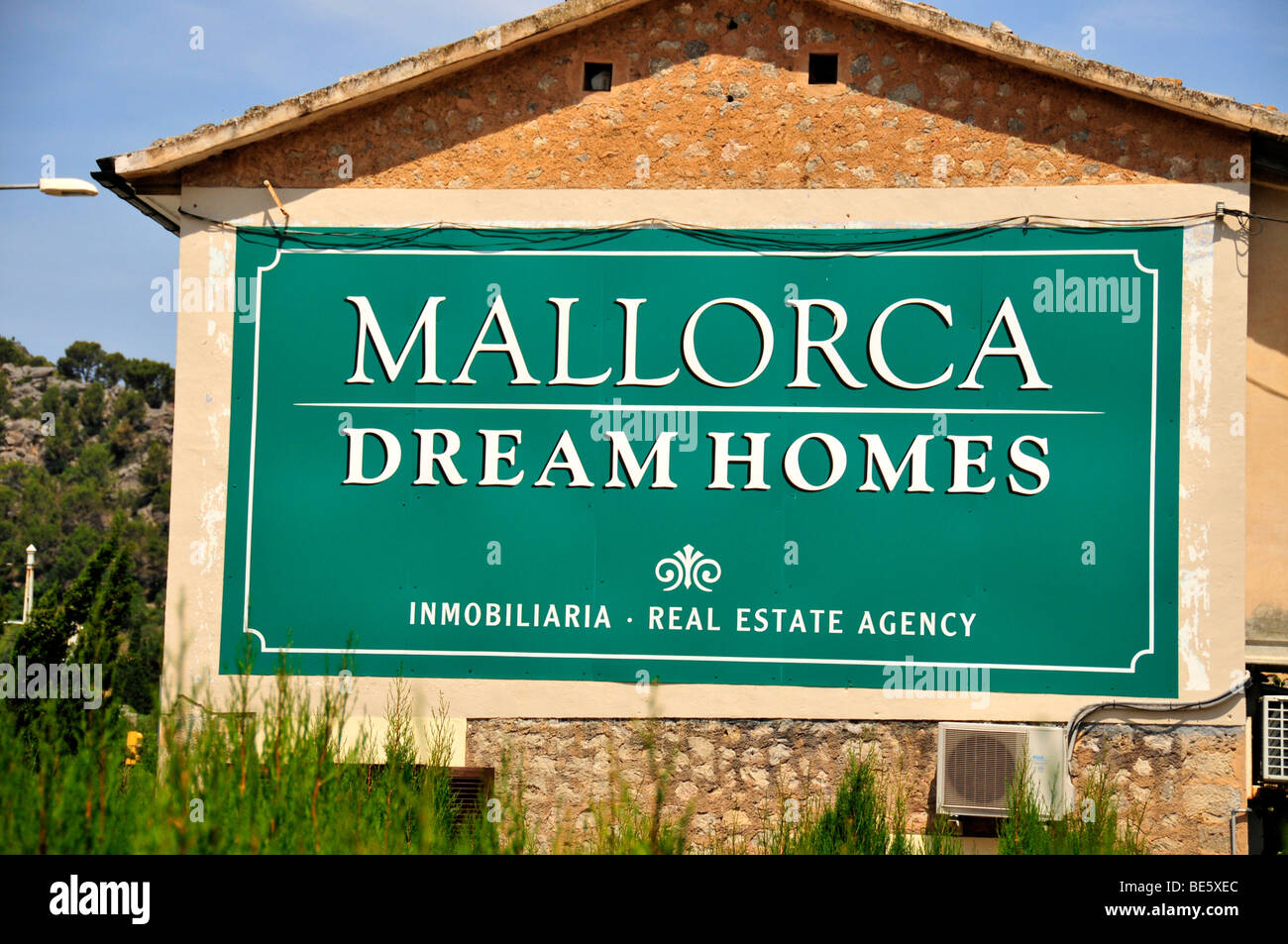 Werbung Plakat eine Immobiliengesellschaft, Mallorca Traumhäuser, Sóller, Mallorca, Balearen, Spanien, Europa Stockfoto