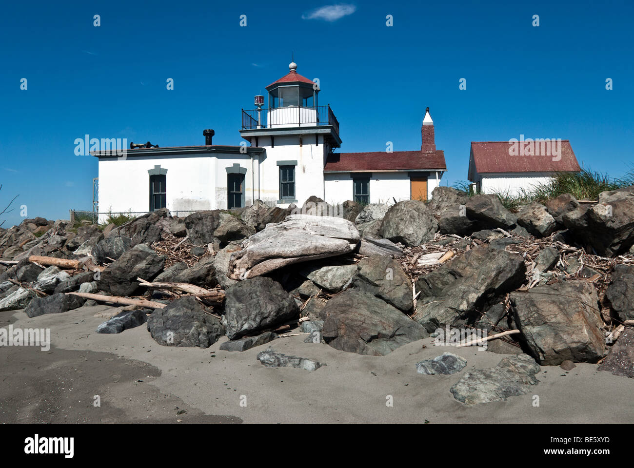 West Point Leuchtturm am Puget Sound Discovery Park Seattle Washington State unter Restaurierung Stockfoto