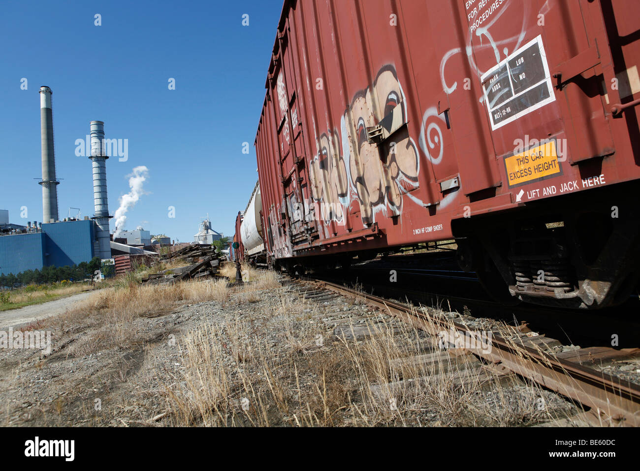 Eisenbahn-Güterwagen, Bucksport, Maine Stockfoto