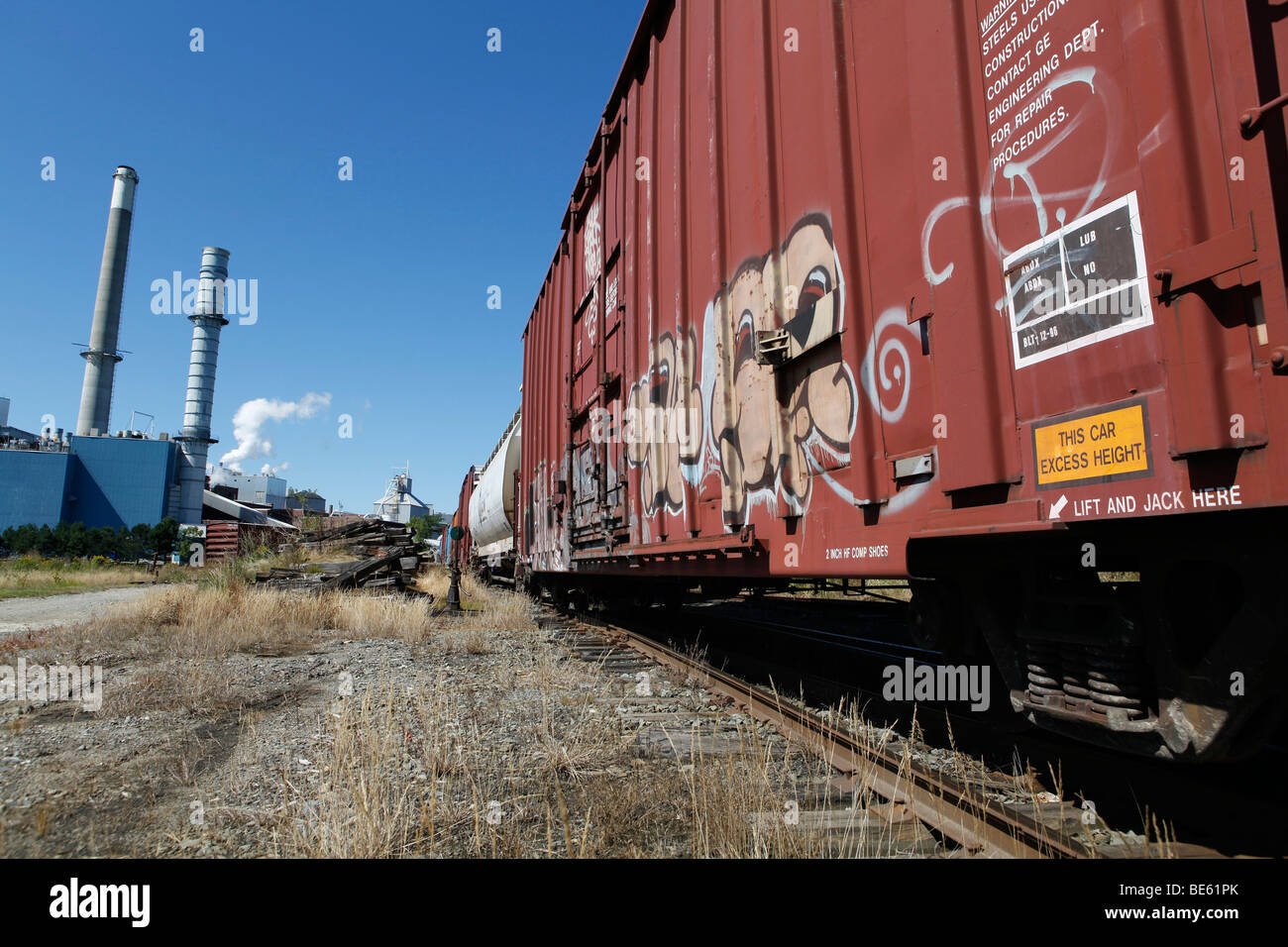 Eisenbahn-Güterwagen, Bucksport, Maine Stockfoto