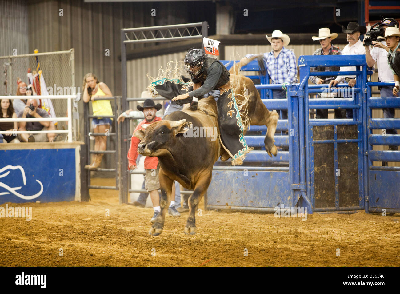 Rodeo Cowboy Bullenreiten beim Mesquite Championship Rodeo, Mesquite, Texas, USA Stockfoto