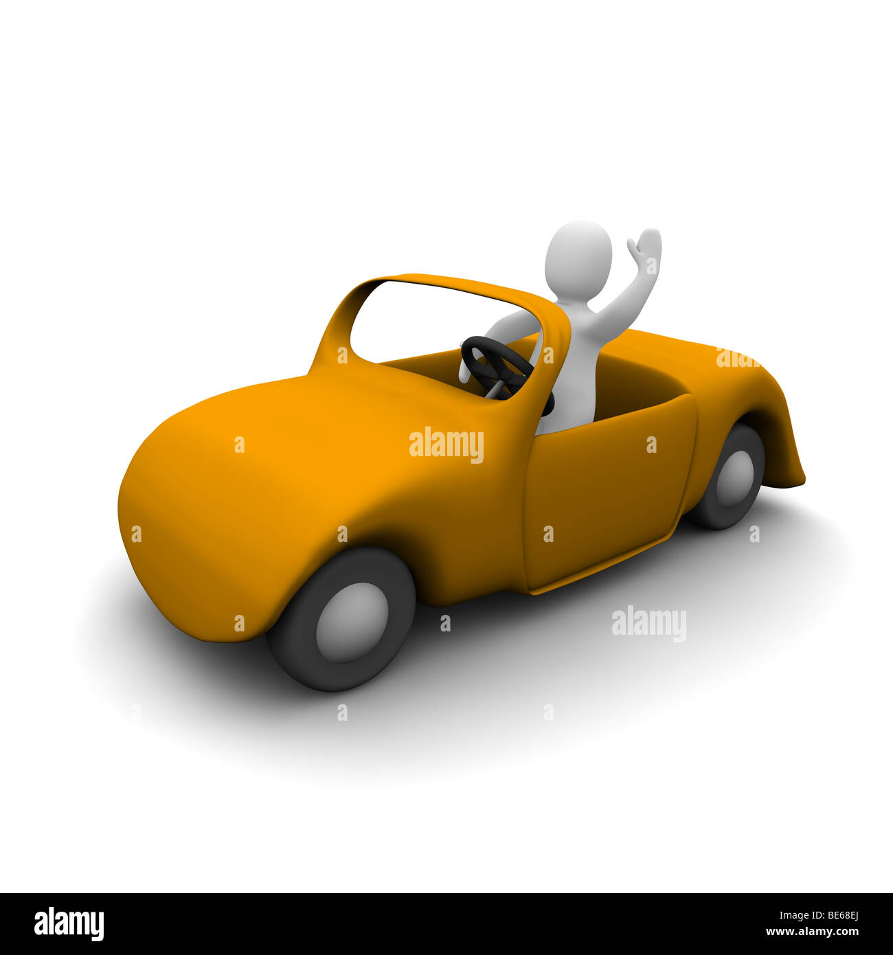Glücklicher Mann im Cabrio Auto. 3D gerenderte Darstellung. Stockfoto