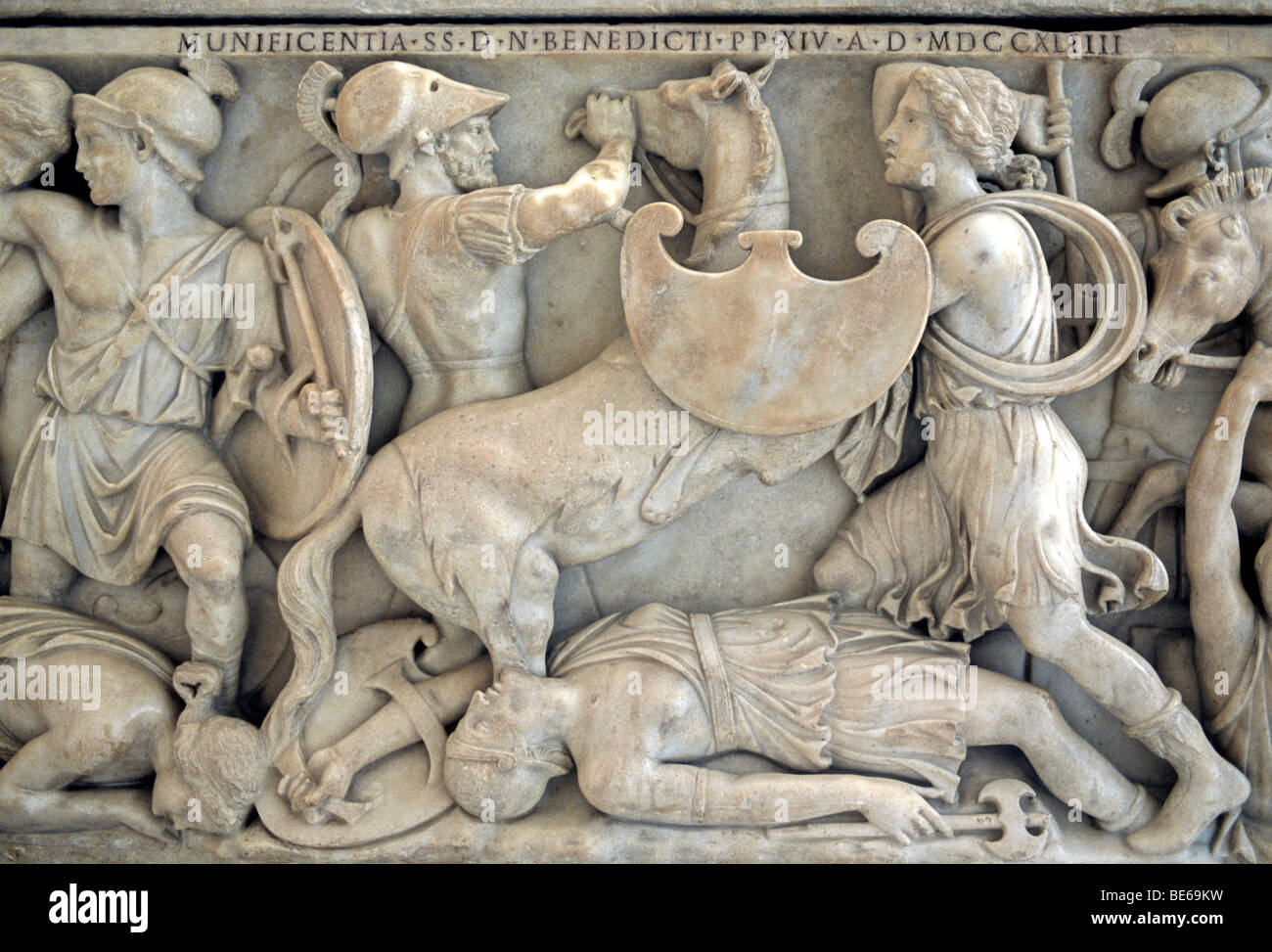 Sarkophag-Relief, Nereiden und Tritonen mit Schild, Galerie, Kapitolinische Museen, Palazzo Nuovo, Kapitol, Rom, Latium Stockfoto